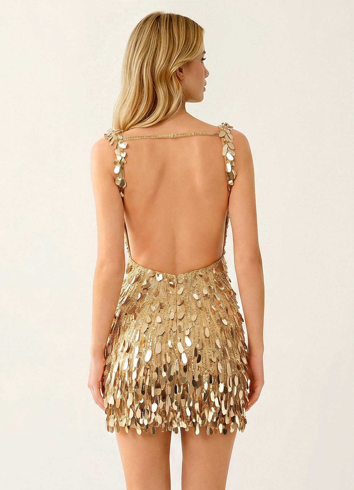 gold sequin open back mini dress Azazie Champagne Column Short Homecoming Dresses Beading Sequins Backless Mesh V Neck YGroup_12718