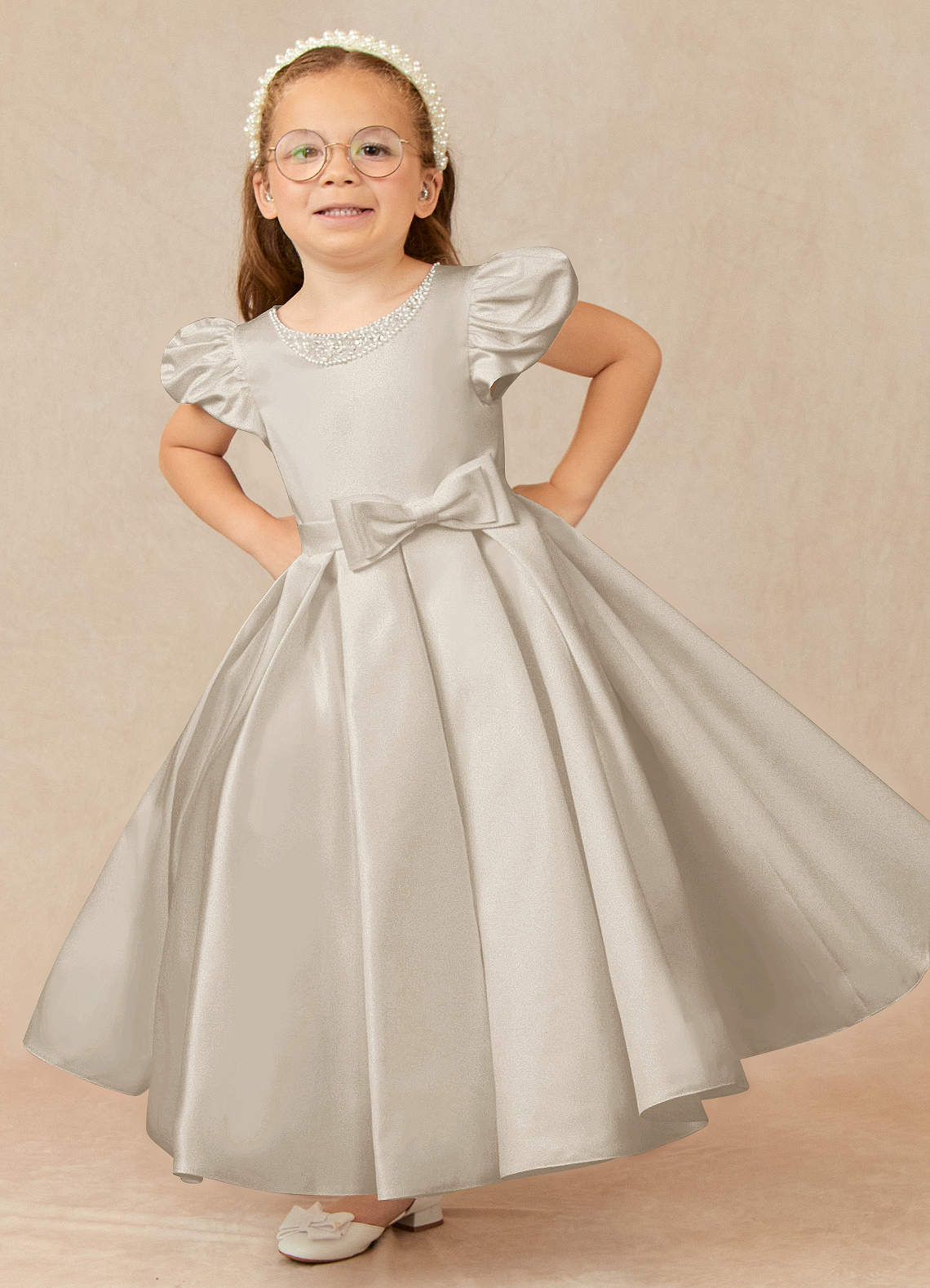 Azazie Jewel Flower Girl Dresses Frost Ball-Gown Pleated Matte Satin Dress image1