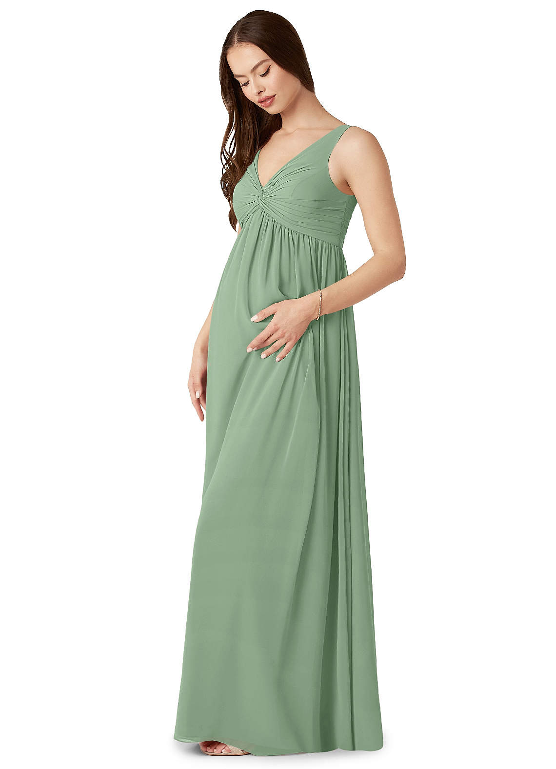 Azazie Yetta At-home Try On Dresses A-Line V-Neck Gathered Chiffon Floor-Length Dress image3