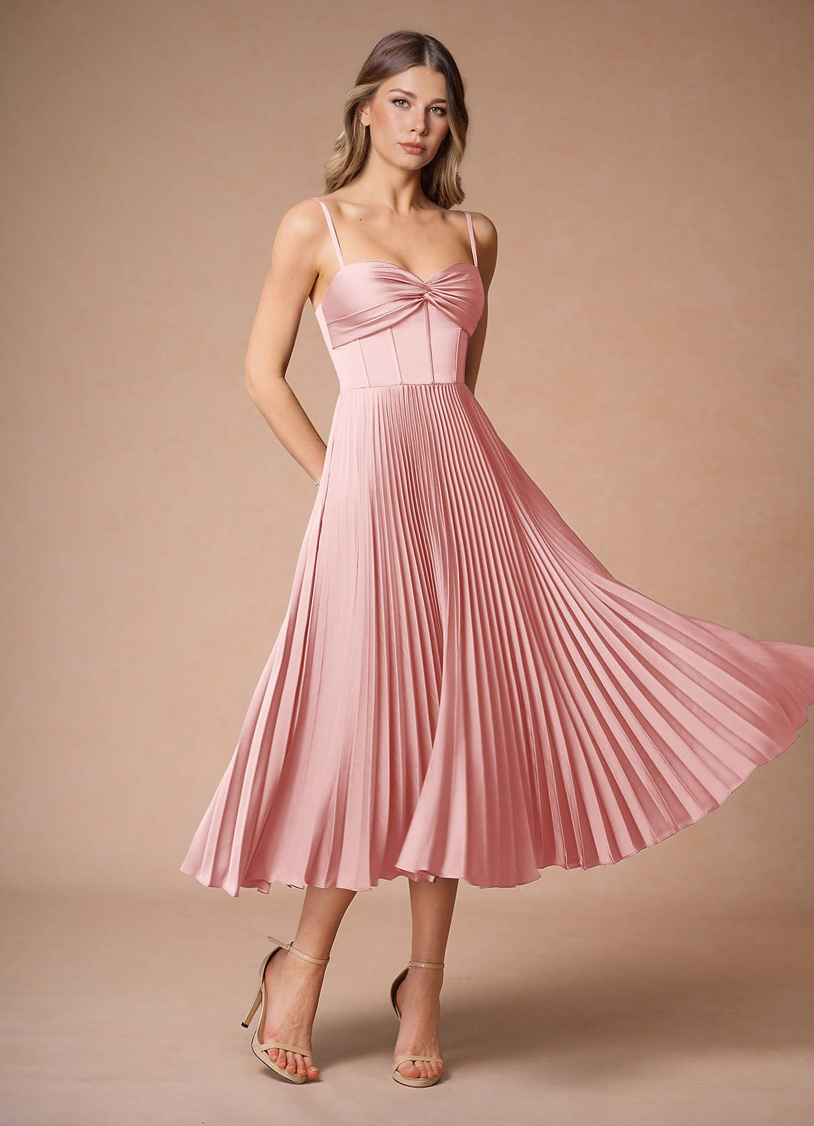 Léna Haze Pink Pleated Midi Dress | Azazie CA