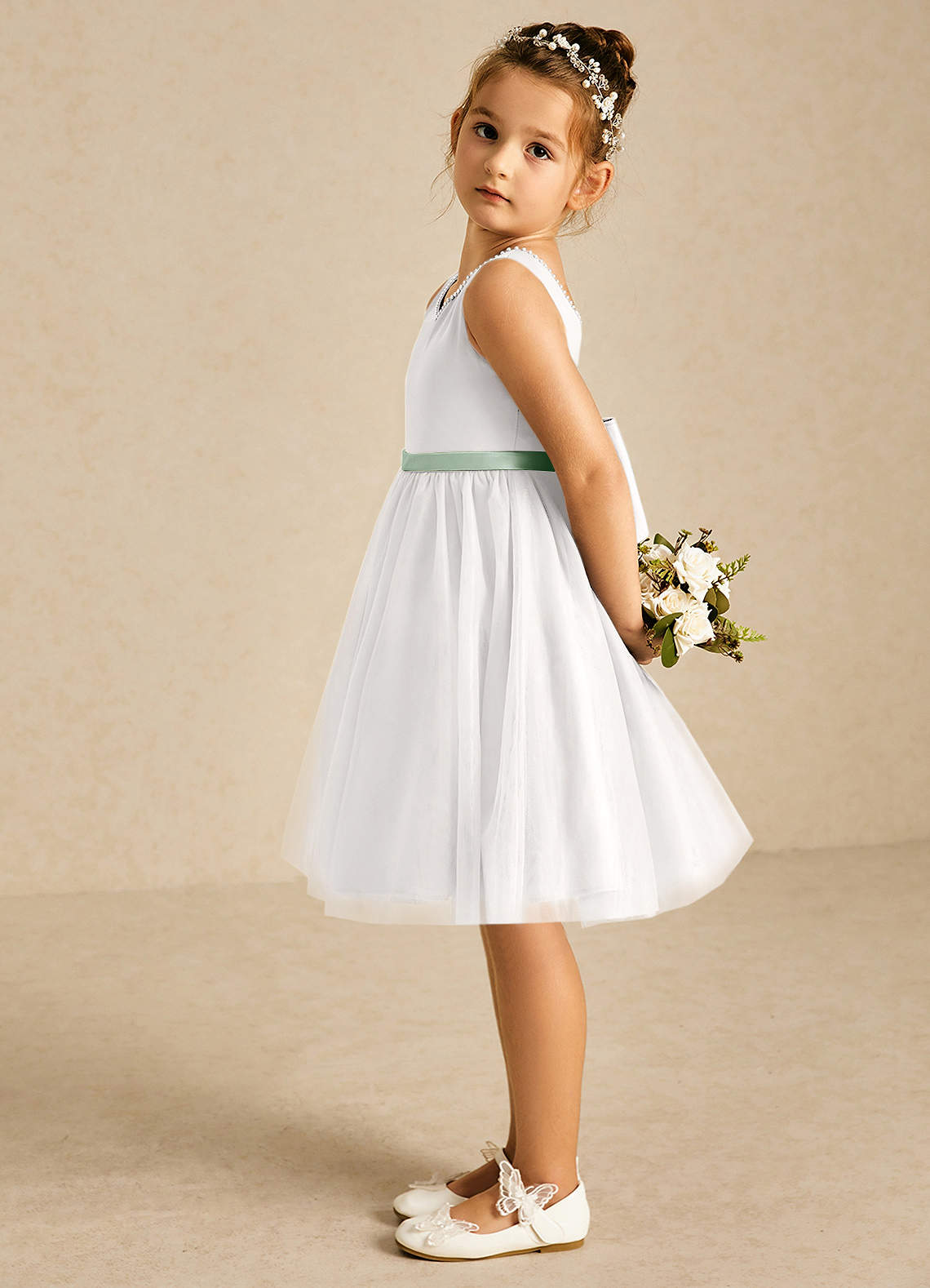 Azazie Seline Flower Girl Dresses Ivory Agave A-Line Bow Tulle Dress image3