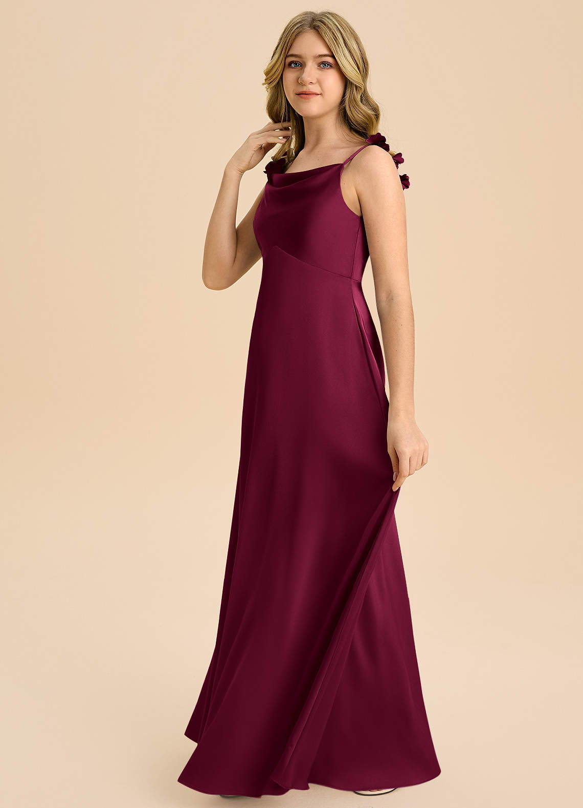 Azazie Gumdrop Junior Burgundy Empire Pleated Stretch Satin Dress image4