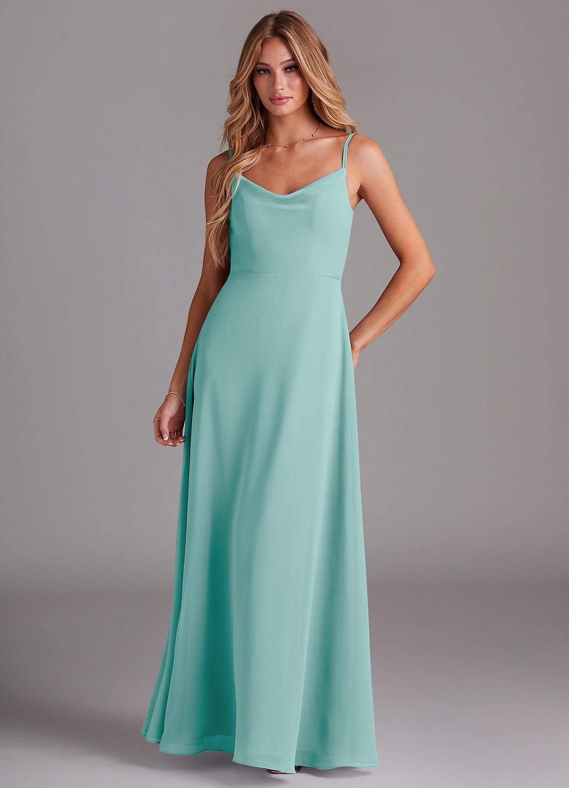 Azazie Daenerys Bridesmaid Dresses Aqua A-Line Cowl Chiffon Dress image1