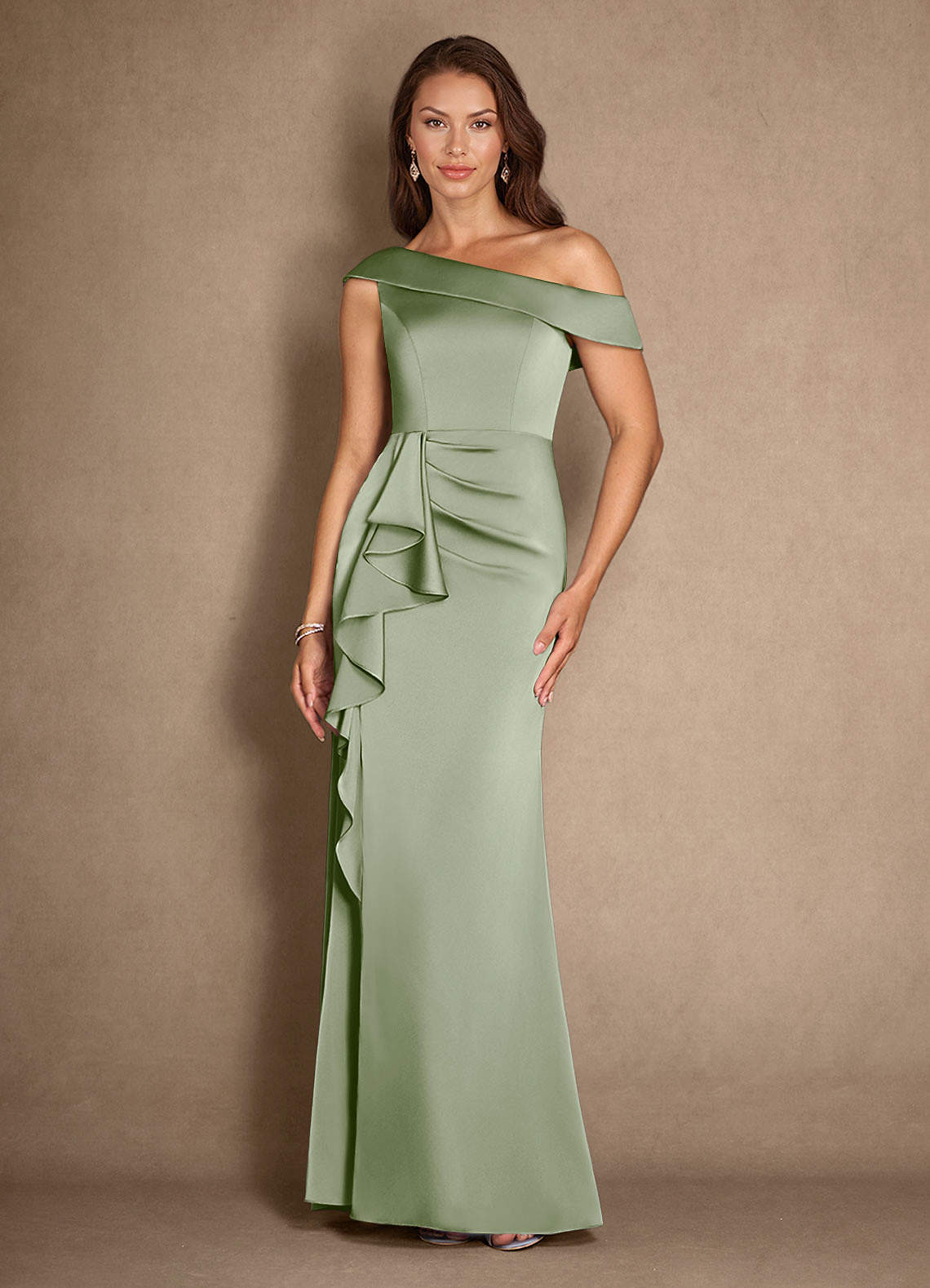 Azazie Hamptons Mother of the Bride Dresses Dusty Sage A-Line Pleated Stretch Satin Dress image1