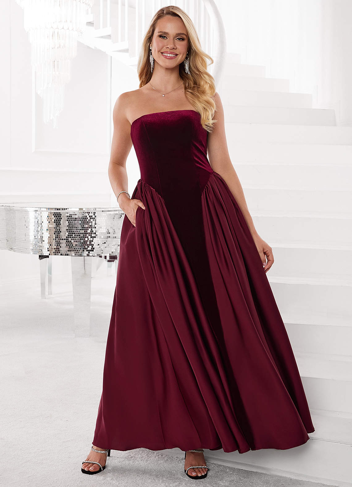 Barbie  AZAZIE 4011 Strapless Velvet and Stretch Satin A-Line Dress Ready  to Ship | Azazie