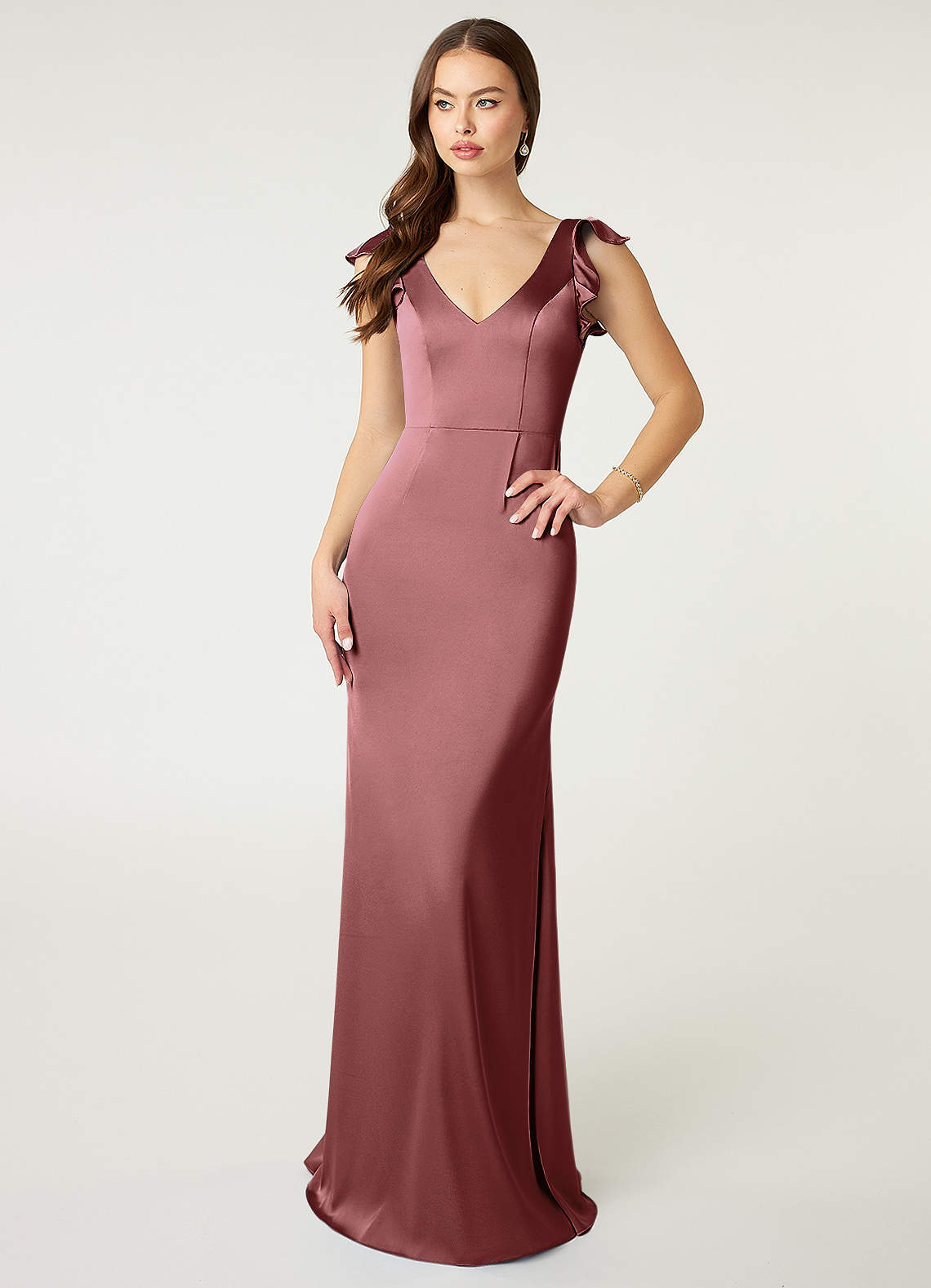 Azazie Vero Bridesmaid Dresses Amethyst Sheath Ruched Stretch Satin Dress image1
