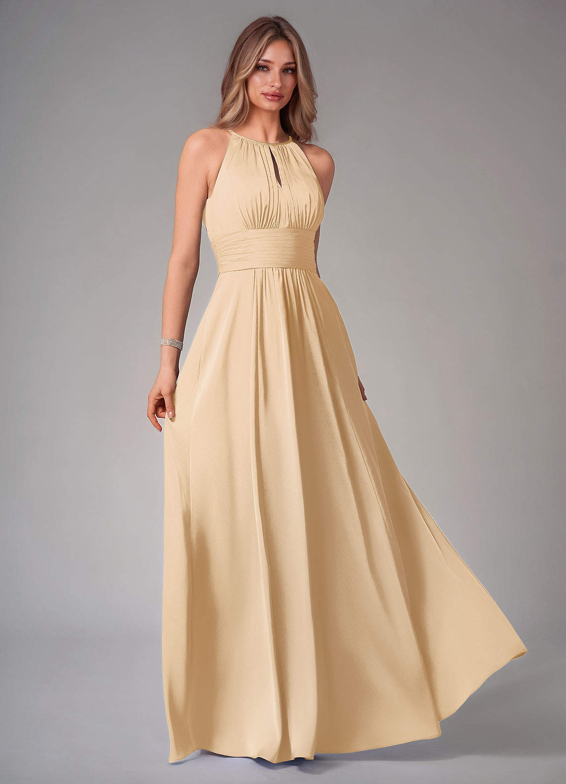 Azazie Bonnie Bridesmaid Dresses Gold A-Line Pleated Stretch Satin Dress image1
