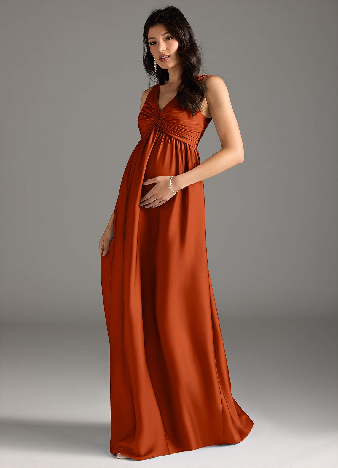 Azazie Yetta Maternity Bridesmaid Dresses A-Line Pleated Stretch Satin Floor-Length Dress image1