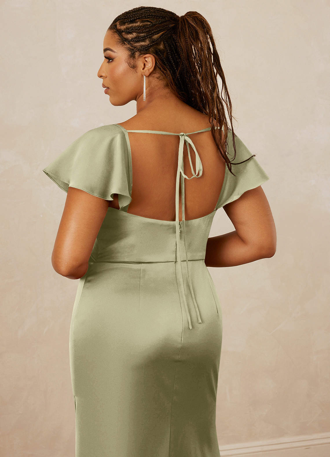 Christian Siriano Bridal for Azazie 1005 Bridesmaid Dresses Flutter Sleeve Stretch Satin Sheath Dress image15