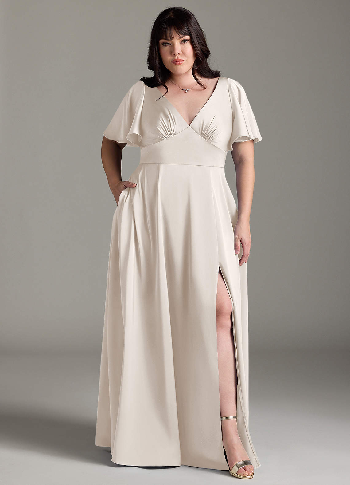 Azazie Kimber Bridesmaid Dresses White Alabaster A-Line Ruched Stretch Satin Dress image1