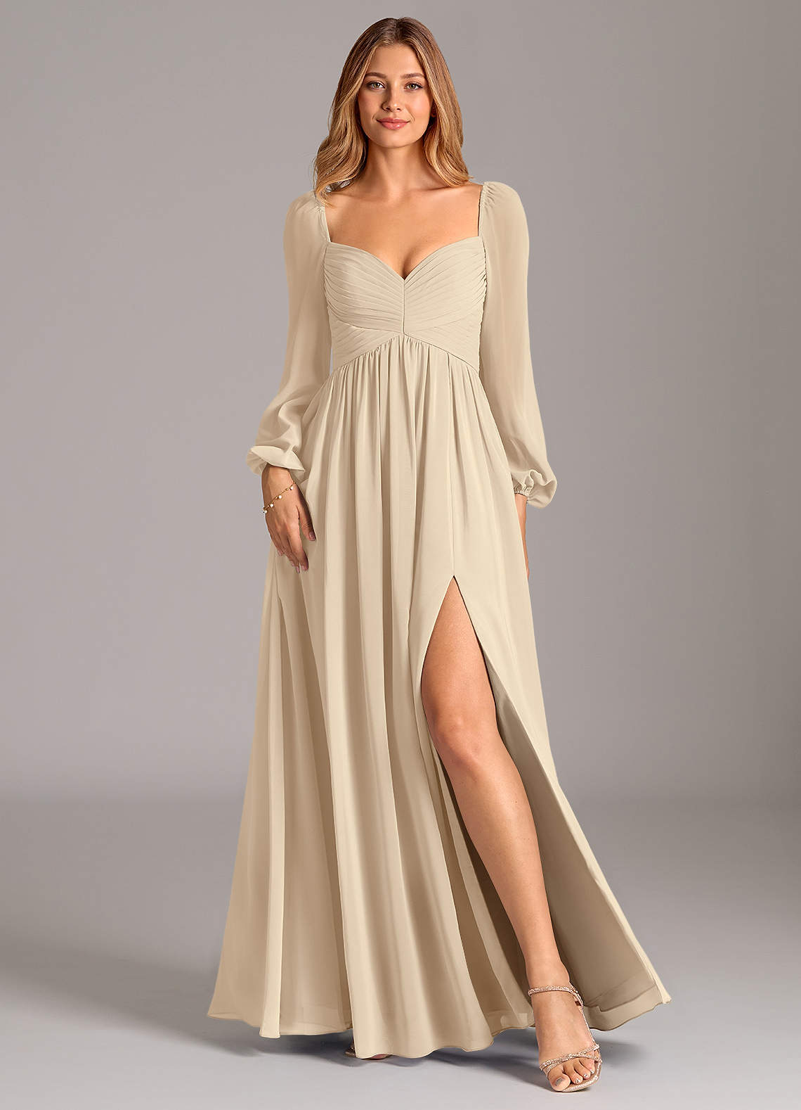 Azazie Alia Bridesmaid Dresses Champagne A-Line Long Sleeve Chiffon Dress image1