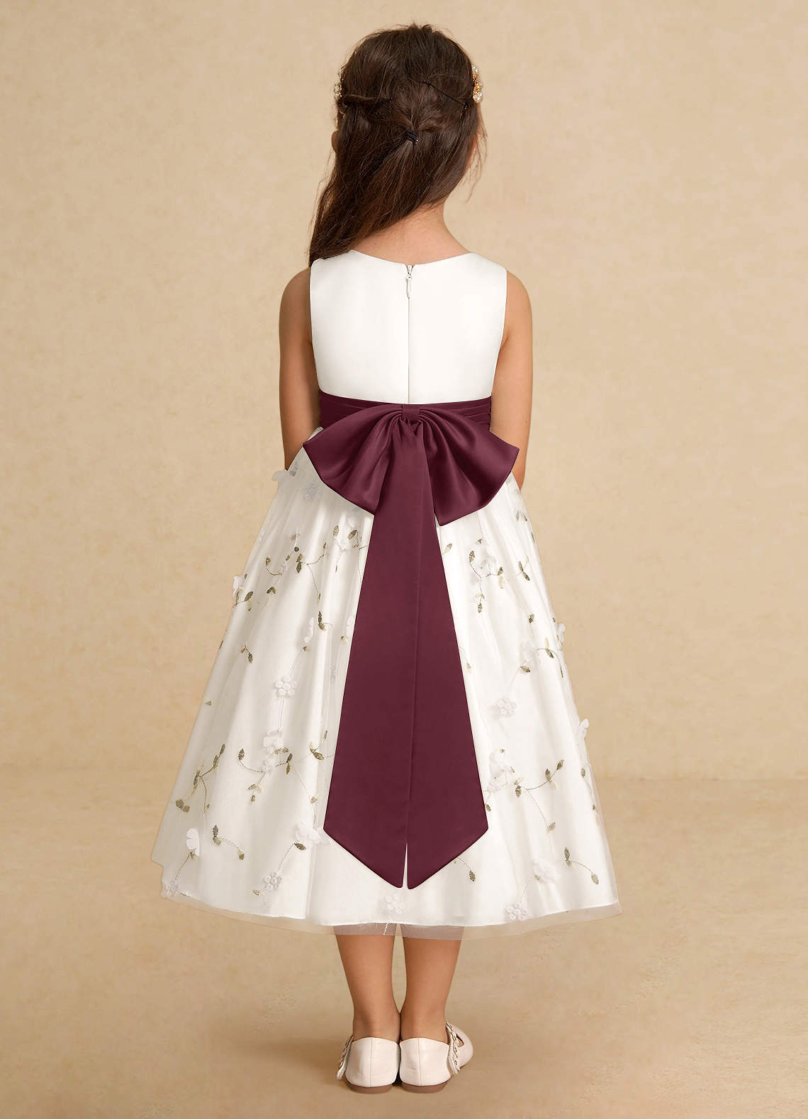 Azazie Pollie Flower Girl Dresses Ivory Cabernet A-Line Bow Tulle Dress image5