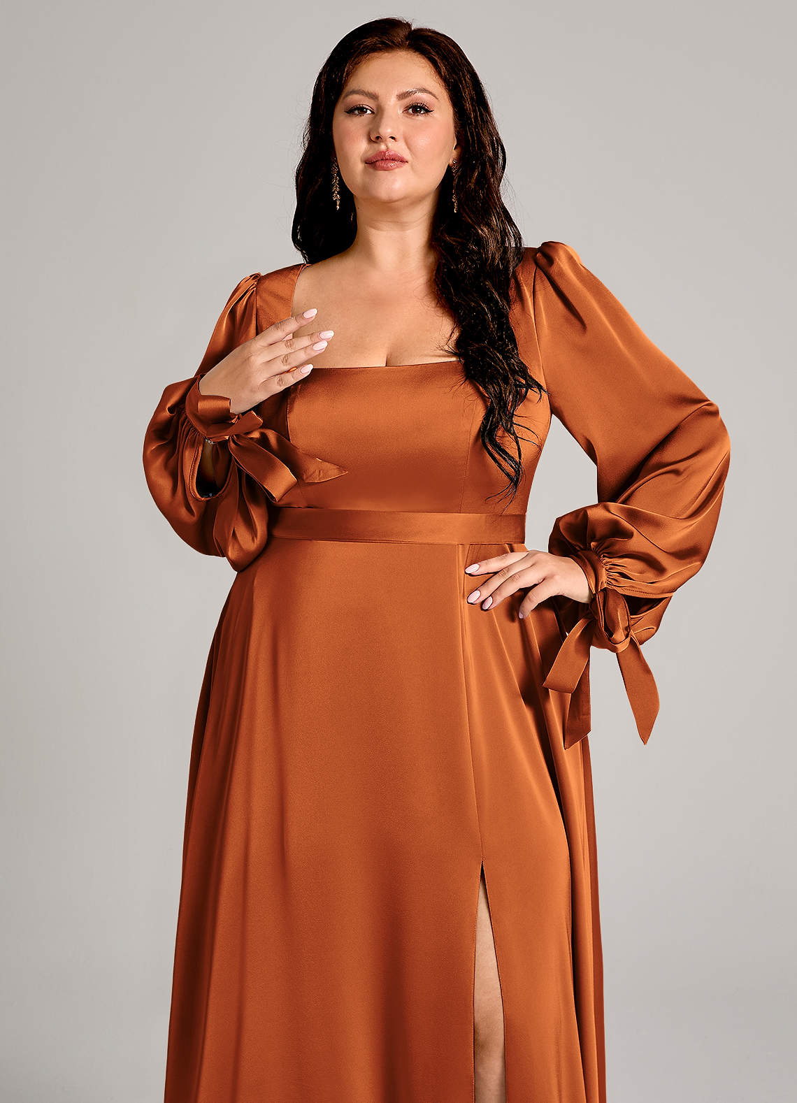 Azazie Leonia Bridesmaid Dresses Cinnamon A-Line Long Sleeve Stretch Satin Dress image8