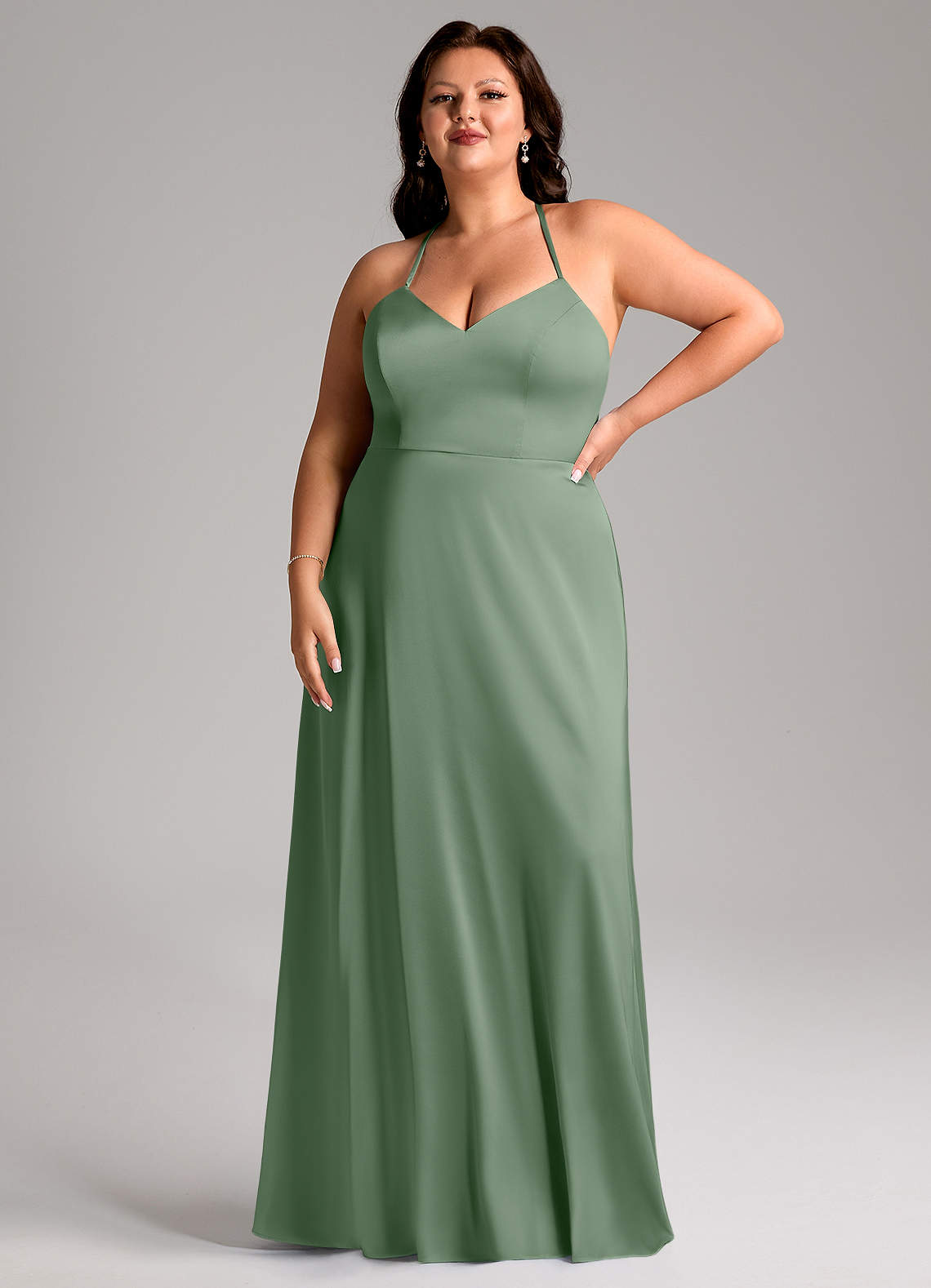 Azazie Mei Abiti da Damigella Abito A-Line in Raso Elasticizzato con Scollo a V Matcha image1