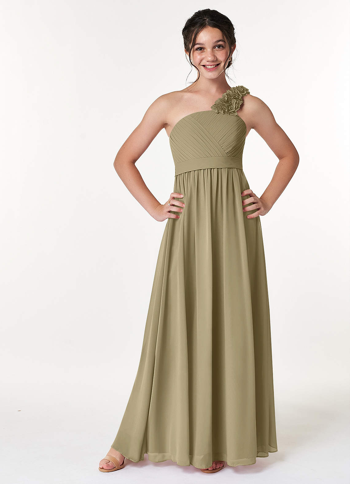 Azazie Flower Junior Moss Green A-Line Pleated Chiffon Dress image1
