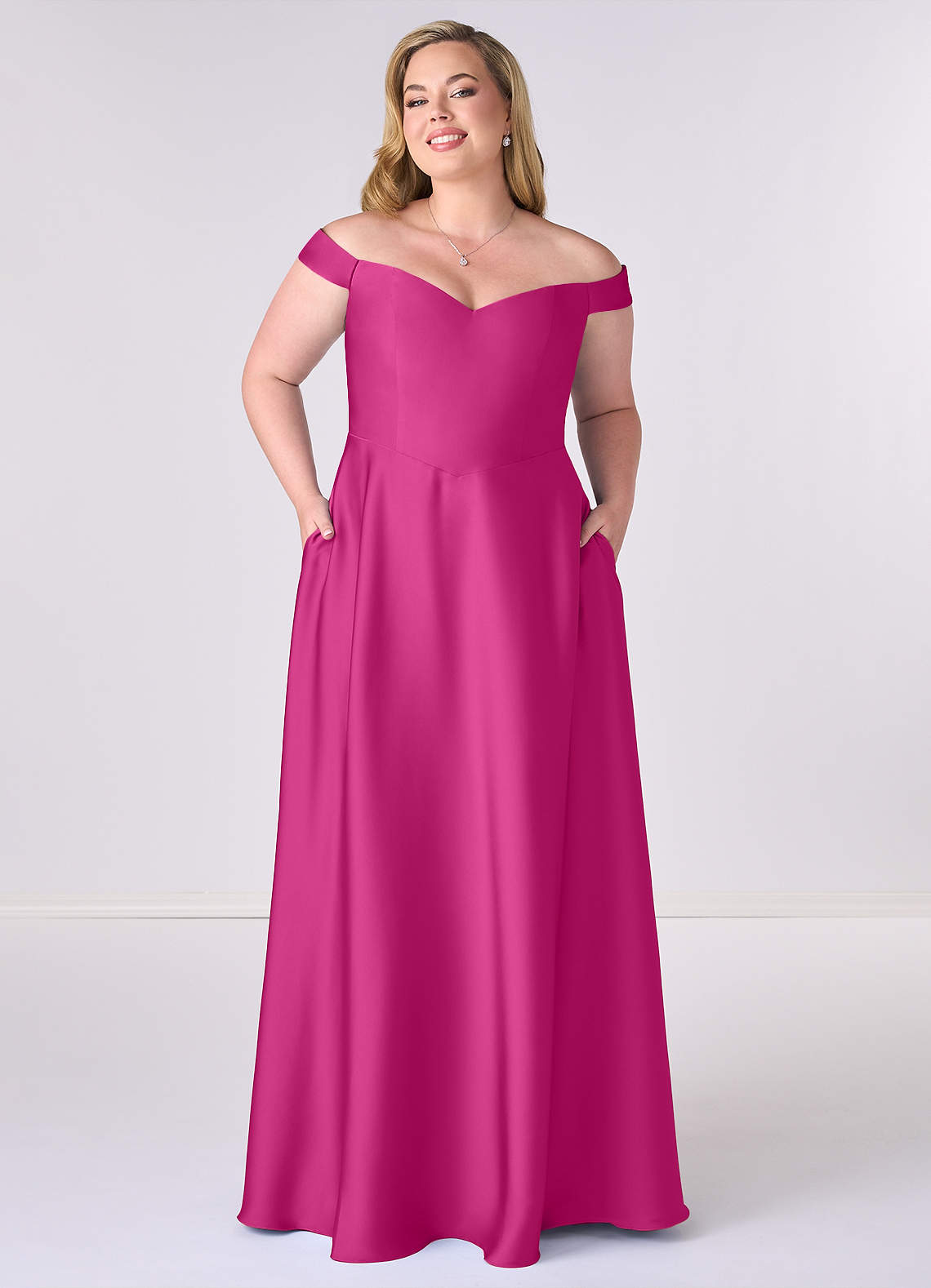Barbie ♥ Azazie Vestidos de damas de honor Vestido de Fucsia de Satén Elástico de Corte en A Convertible con Vestidos sin tirantes image5