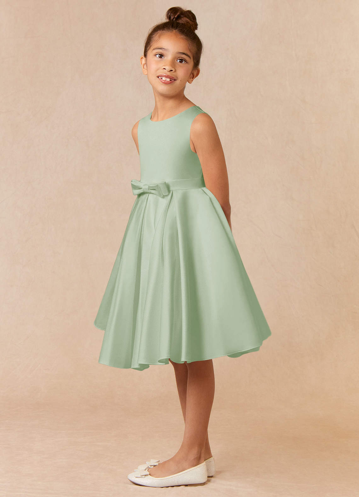 V-Neck Acetate Satin Girl's Dress with Bow Dusty Sage