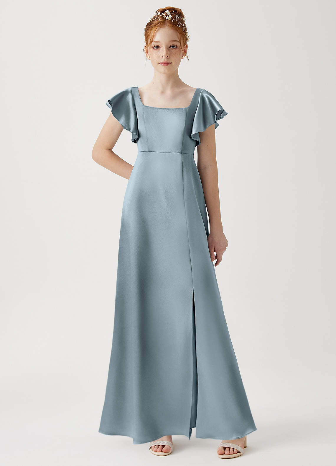 Azazie Bondi Junior Dusty Blue A-Line Side Slit Metallic Satin Dress image1