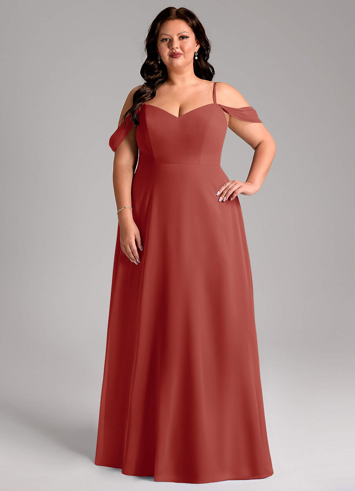 Azazie Marley Robes de demoiselle d'honneur Robe Trapèze Convertible en Mousseline de soie Épaule décolletée Terracotta image1