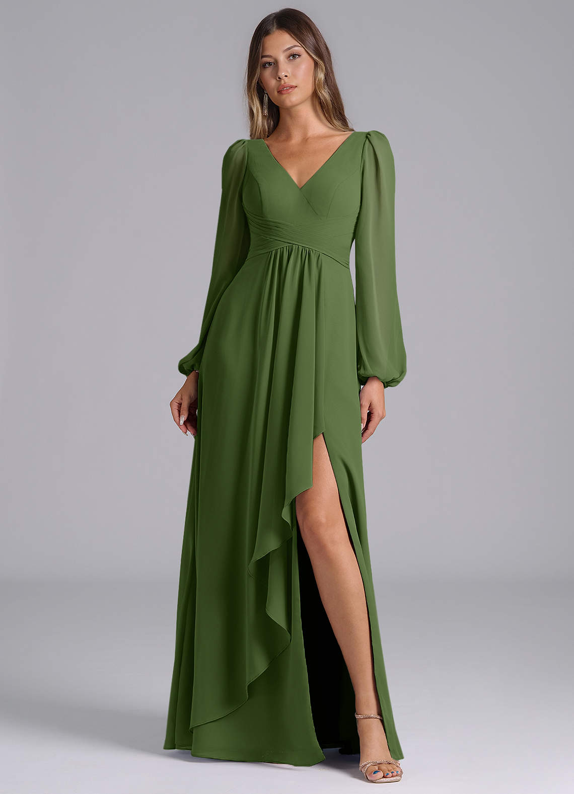 olive green bridesmaid dresses long sleeve Azazie Liah elegant long sleeve bridesmaid dresses