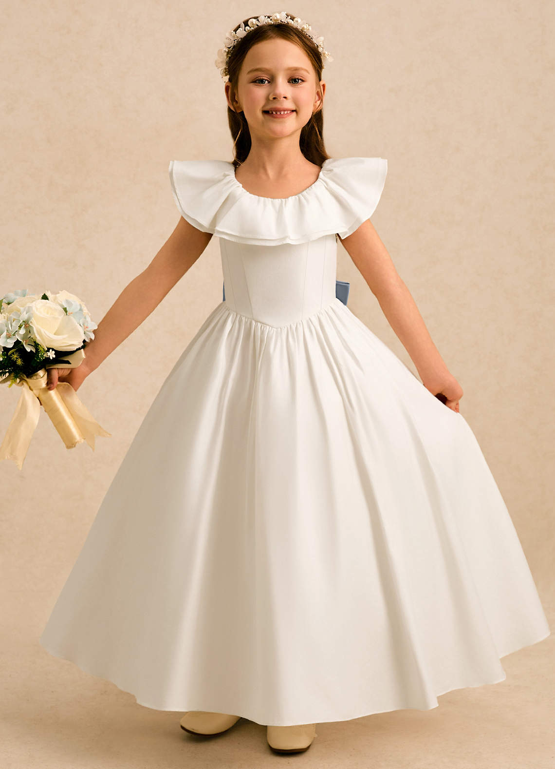 Azazie Clara Blomsterpigekjoler A-Line Sløjfe Bomuld Ankel-længde Kjole image1