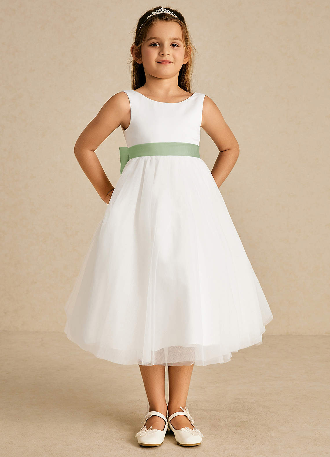 Azazie Kavi Flower Girl Dresses Ivory Dusty Sage A-Line Bow Matte Satin Dress image1