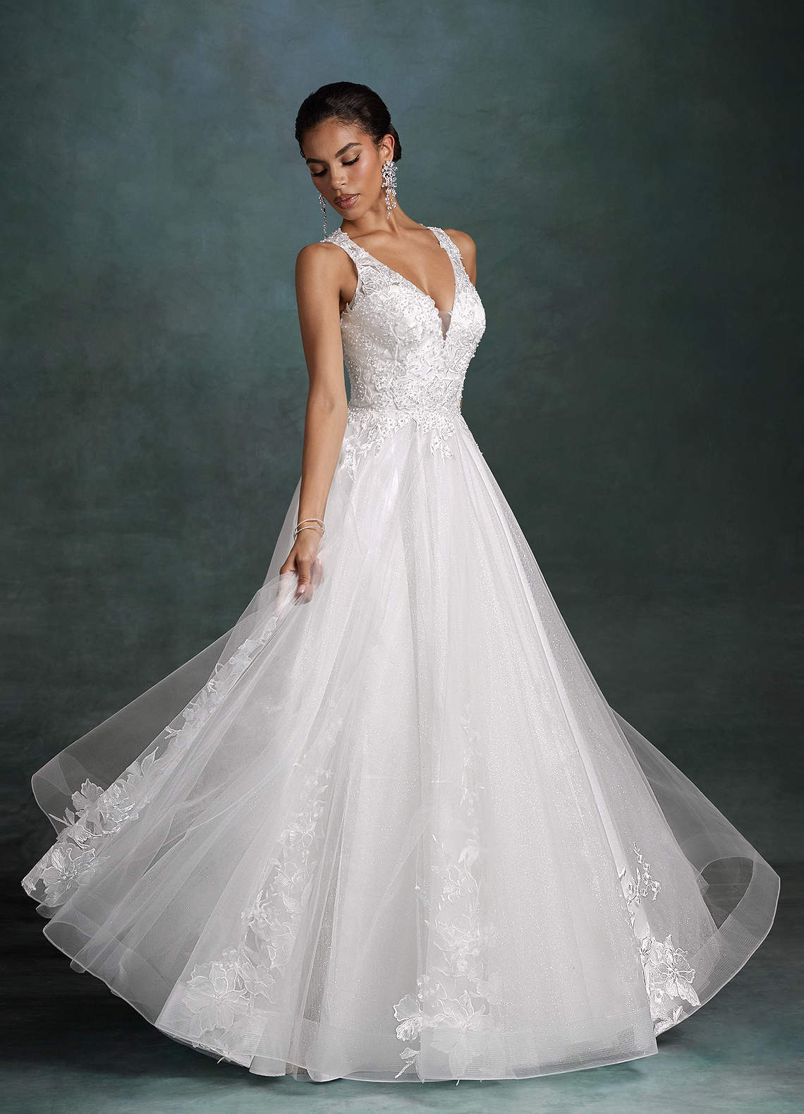 Azazie 2026 A-Line Fairy Tale White Traditional Wedding Dress Lace Chapel Train Matte Satin V-Neck With Pads