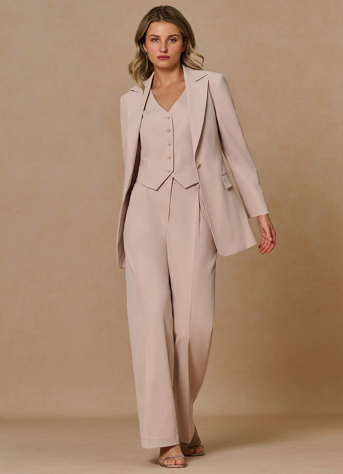 front Margaret Tan Cotton Linen Blend 2-Piece Suit
