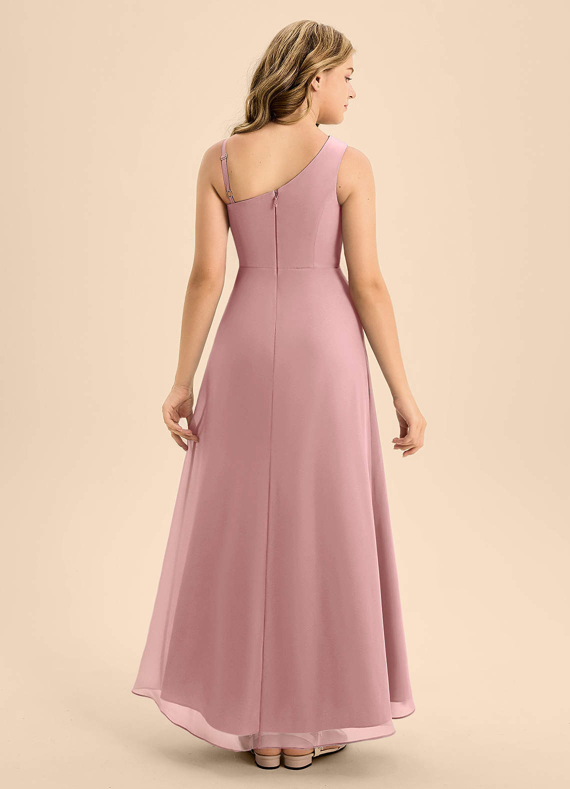 Azazie Brooke Junior Vestido de Rosa Polvorienta de Gasa de Corte en A con Corte Lateral image1