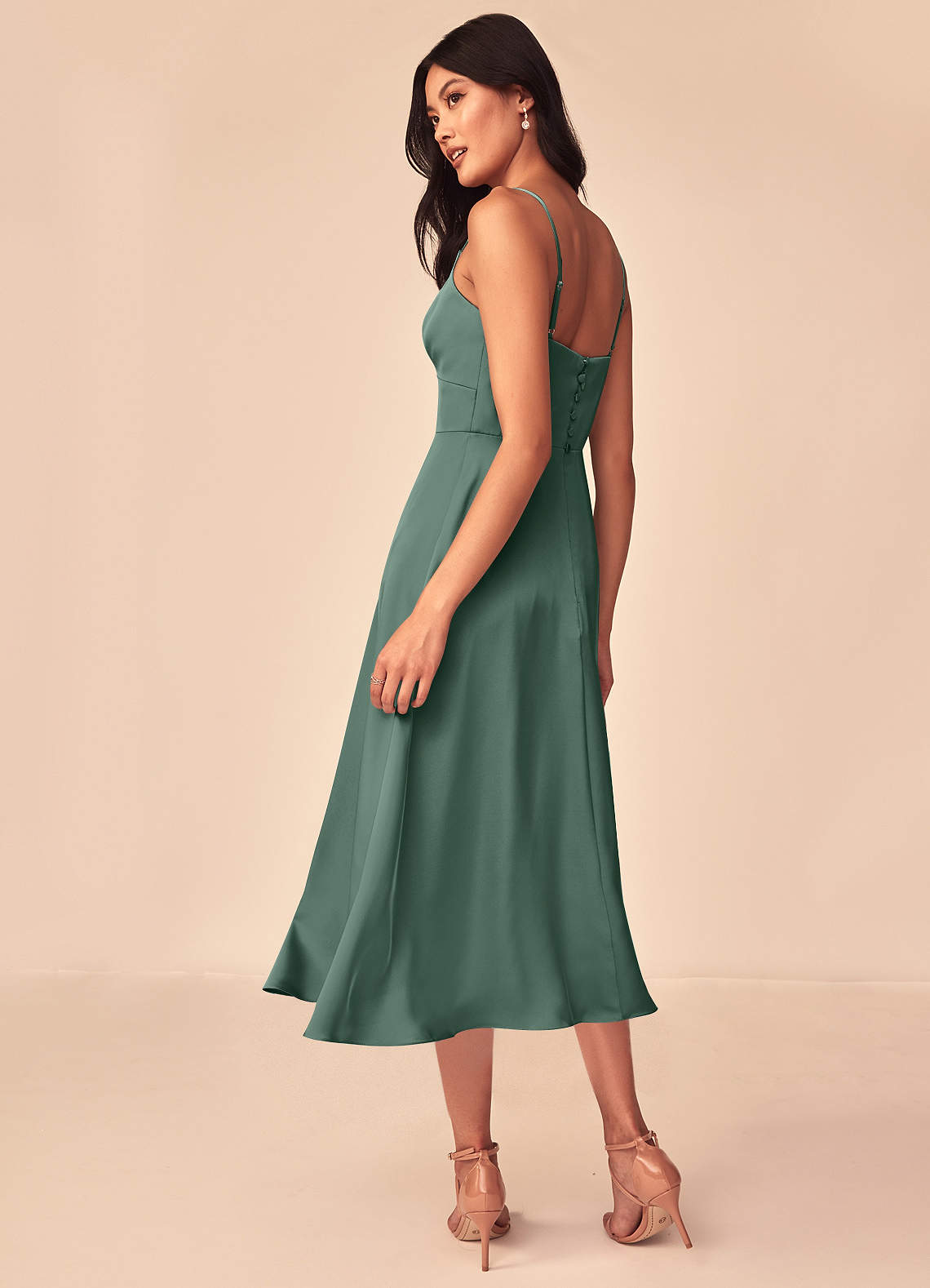 Azazie Dottie Venta Final Vestido de Eucalipto de Satén Elástico de Corte en A image4