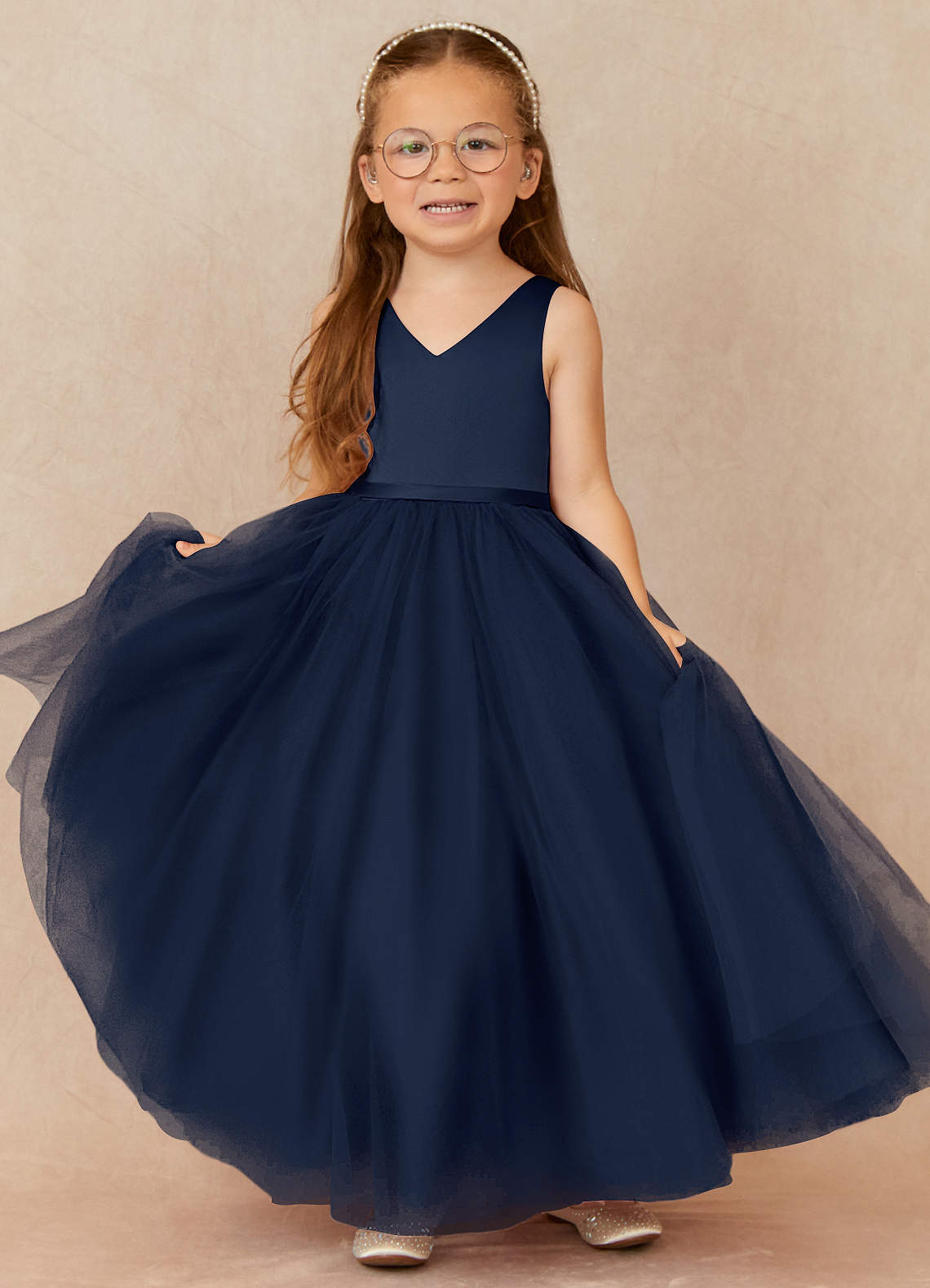 Azazie Marybell Flower Girl Dresses Dark Navy A-Line Bow Tulle Dress image1