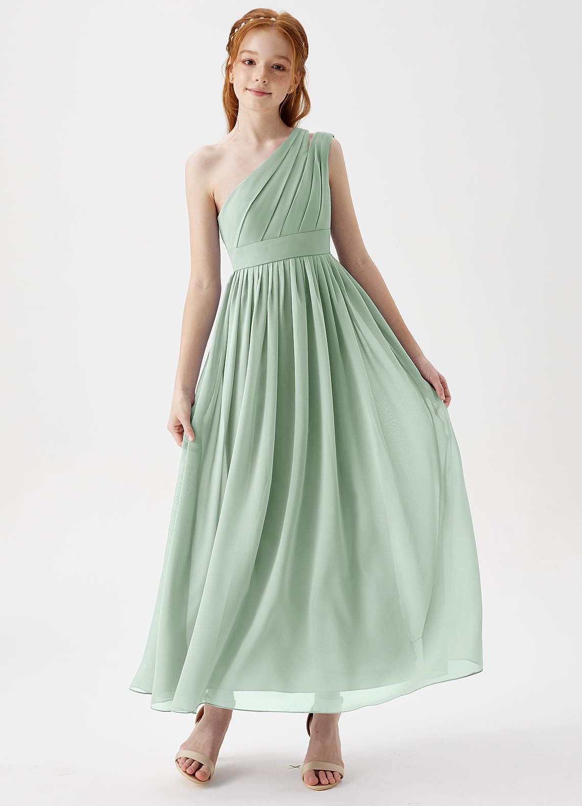 Azazie Anissa Junior Agave A-Line Pleated Chiffon Dress image1