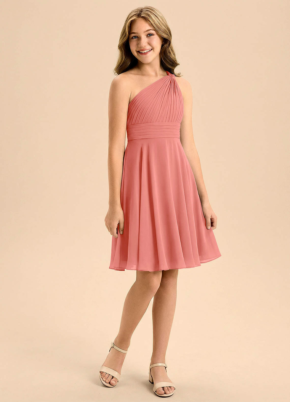 Azazie Charlize Junior Salmon Pink A-Line Pleated Chiffon Dress image2