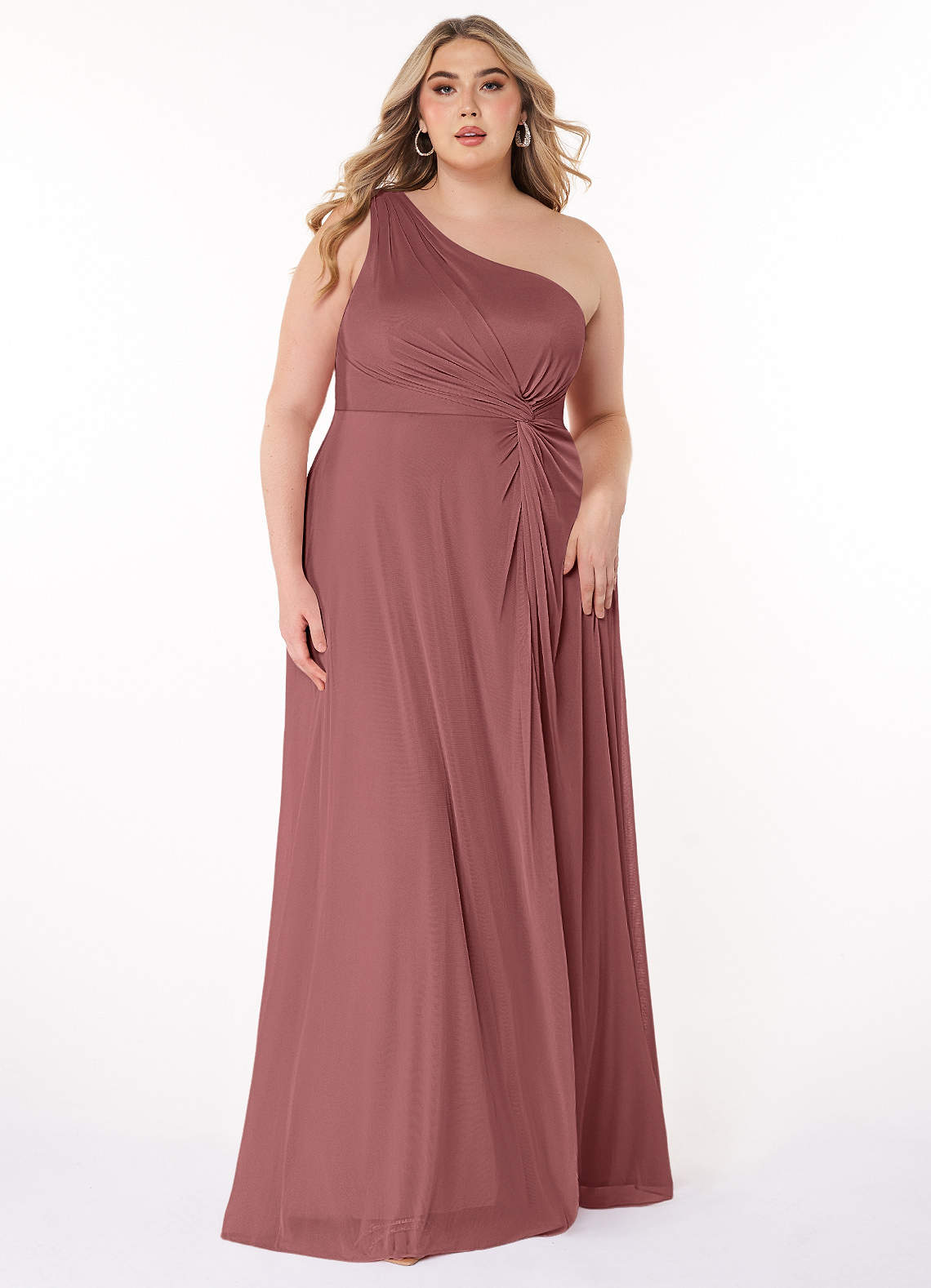 Azazie Brooke Bridesmaid Dresses Desert Rose A-Line One Shoulder Mesh Dress image1