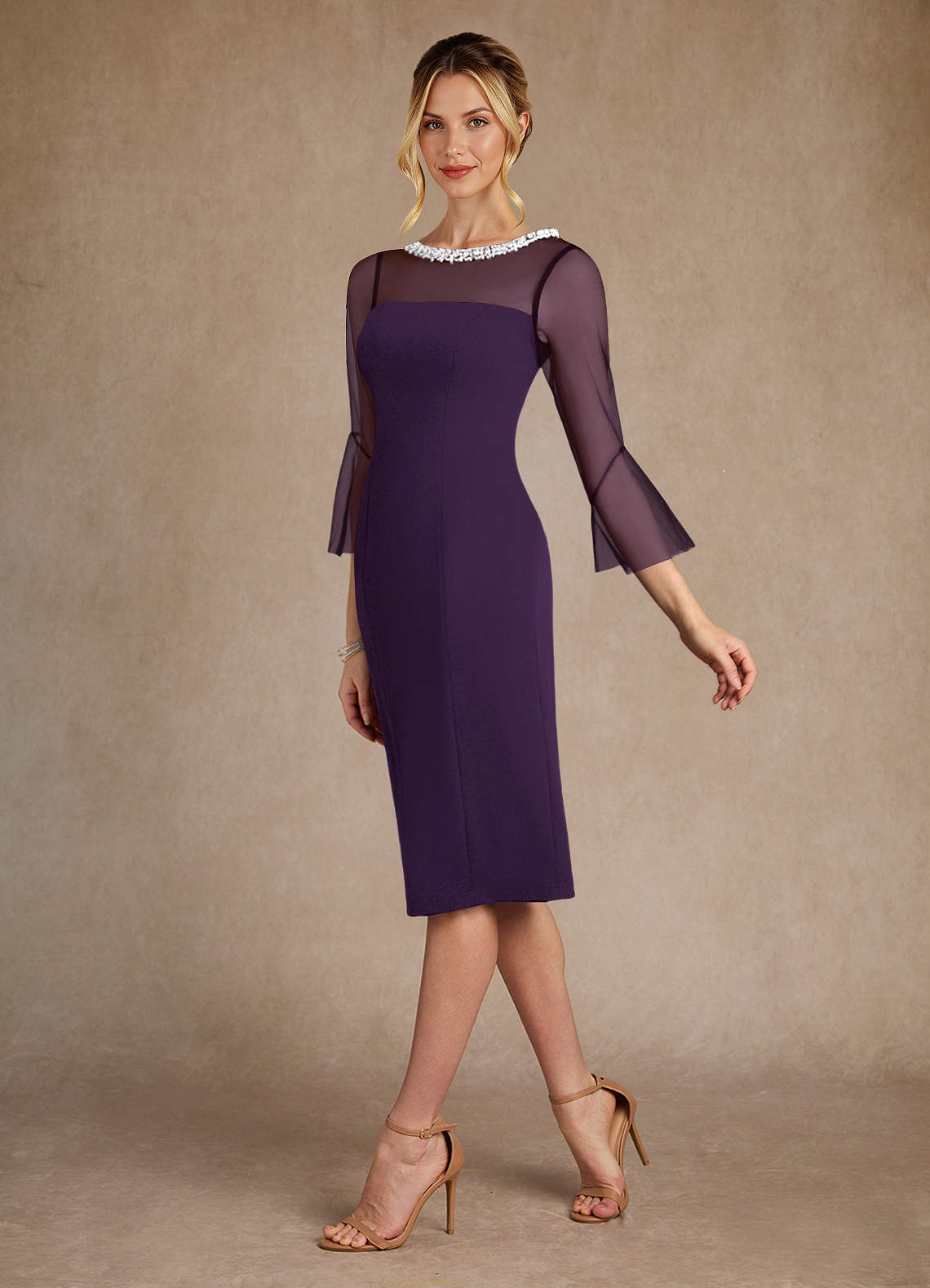 Azazie Bellevue Mother of the Bride Dresses Plum Sheath Beaded Stretch Crepe Dress image4