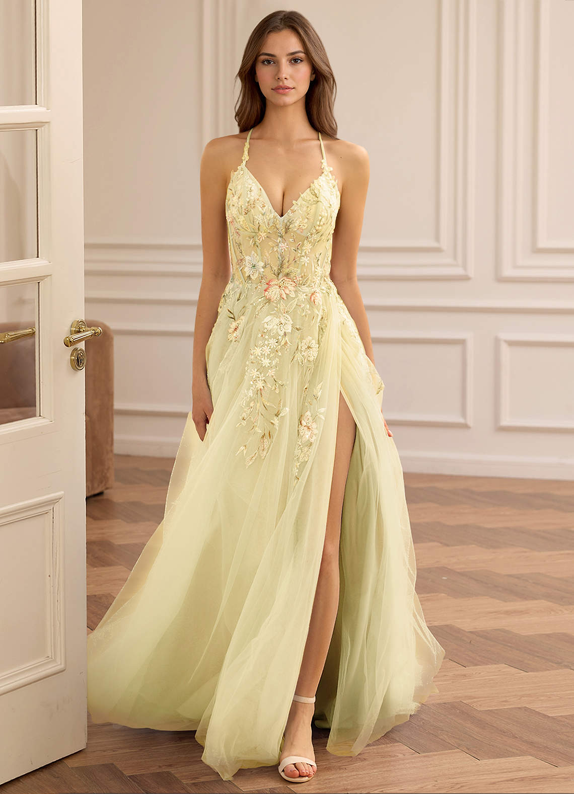 chinese dress ladies V Neck Yellow Lace Prom Dresses, Yellow Lace V Neck Formal Graduation –  jbydress main image 1