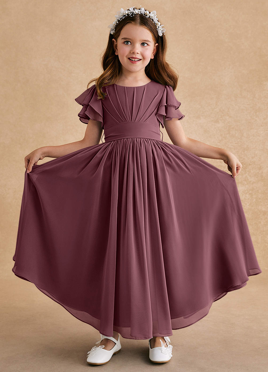 Azazie Ali Abiti da Ragazza di Fiori Abito A-Line in Chiffon Plissettato Sangria image1