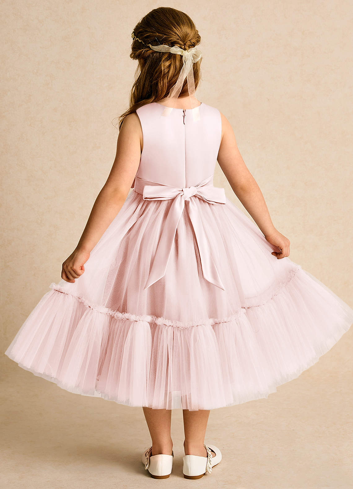 Azazie Miracle Flower Girl Dresses Blushing Pink A-Line Bow Matte Satin Dress image1