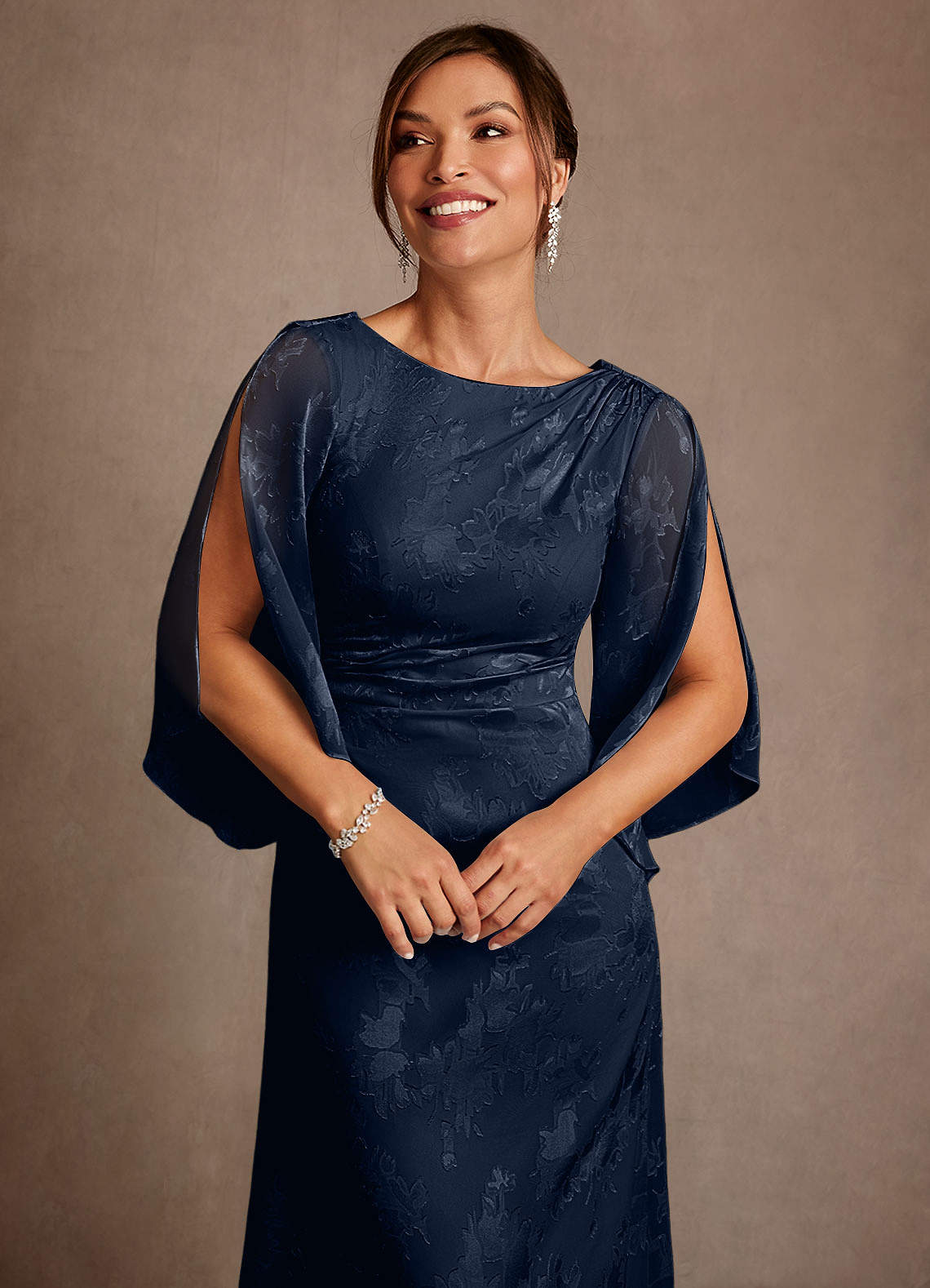 Azazie Anaheim Mother of the Bride Dresses Dark Navy Sheath Pleated Floral Burnout Dress image4