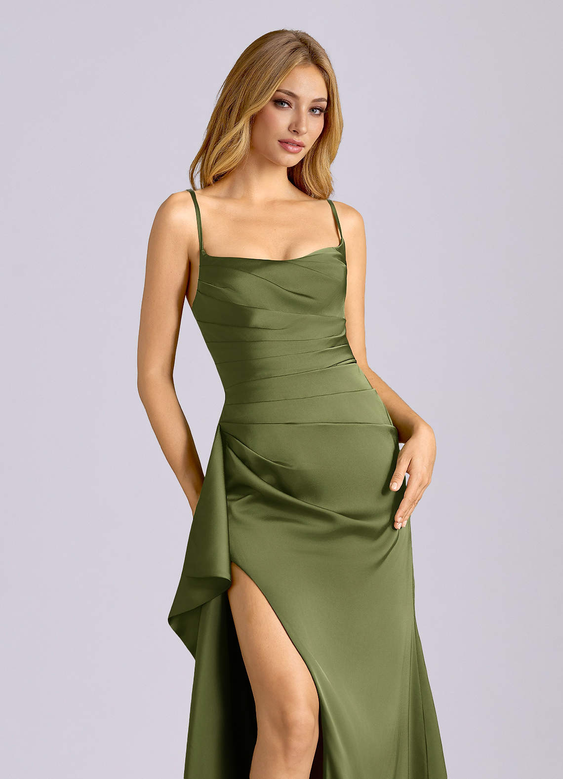 olive satin bridesmaid dress Green Olive Satin V-Neck Bridesmaid Dress A-Line Floor-Length