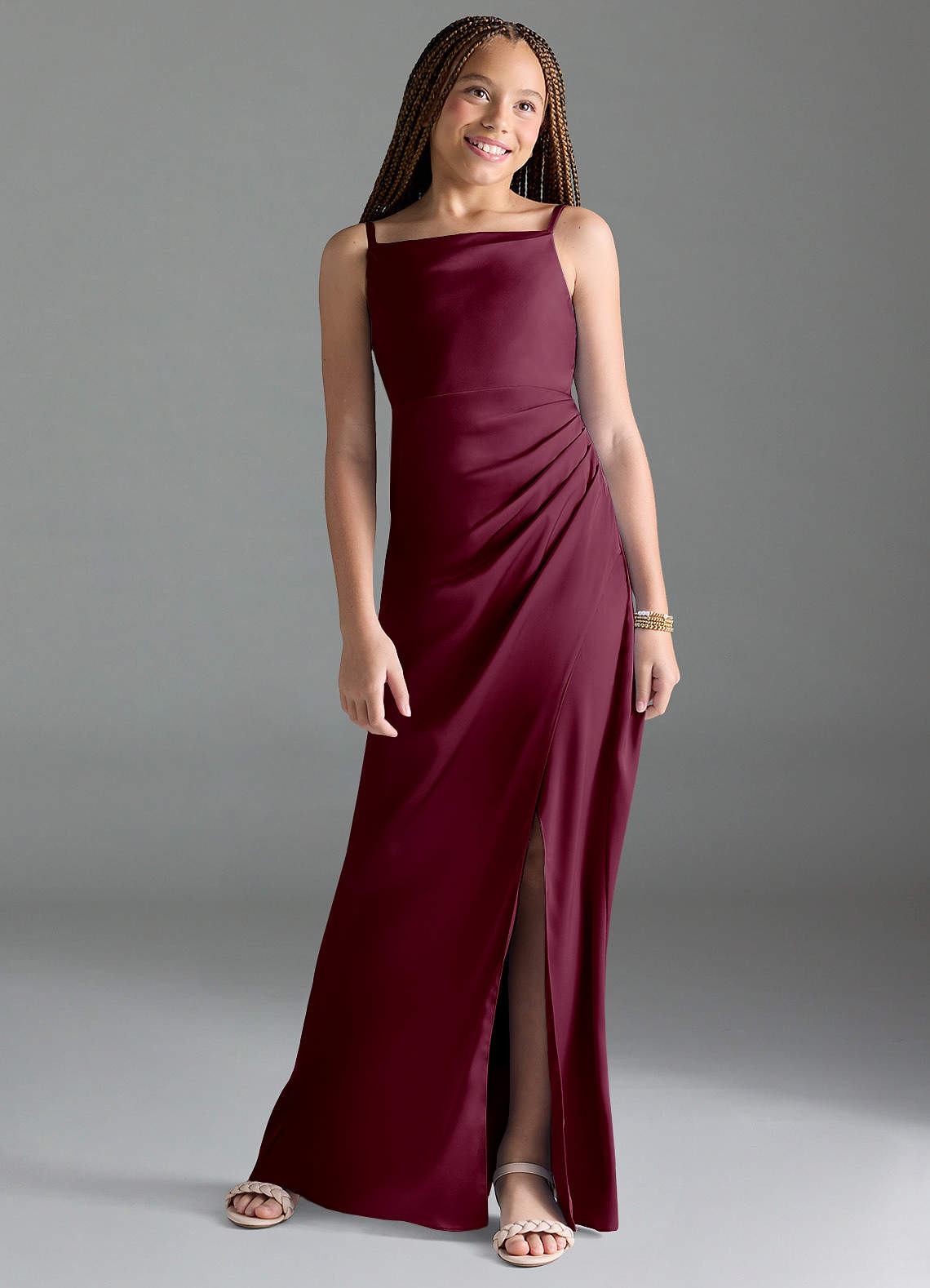 Azazie Leonis Junior Mulberry A-Line Pleated Stretch Satin Dress image1