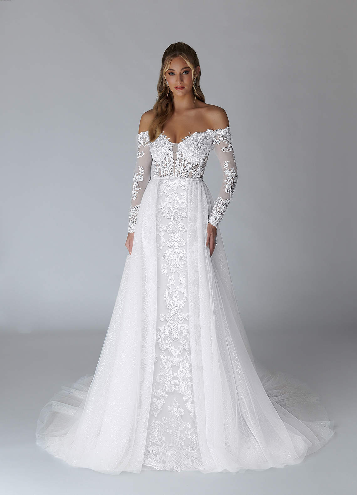 Diamond White/Champagne Azazie Rhodes A-Line V-Neck Sequins Tulle Cathedral  Train Dress