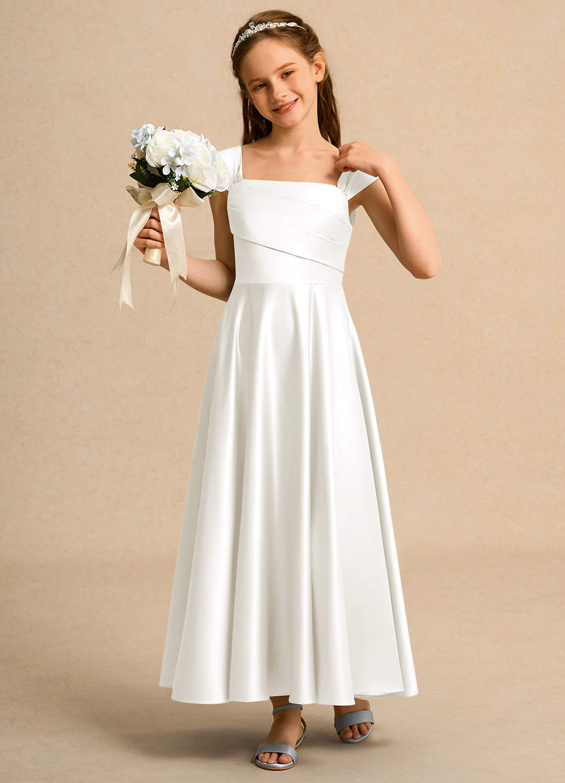 Azazie A-Line/Princess Square Neck Ankle-Length Matte Satin Flower Girl Dresses - Ivory