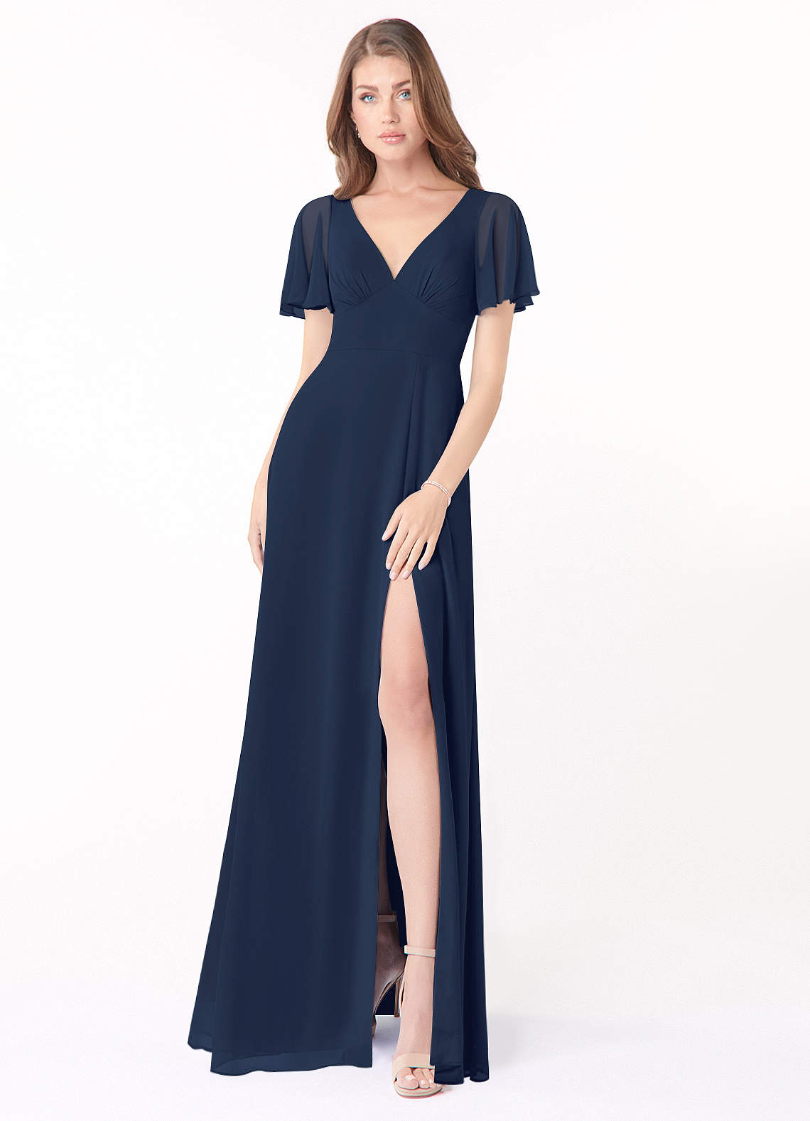 Azazie Kimber Robes de demoiselle d'honneur Robe Trapèze en Mousseline de soie Manches à volants Bleu Marine Foncé image1
