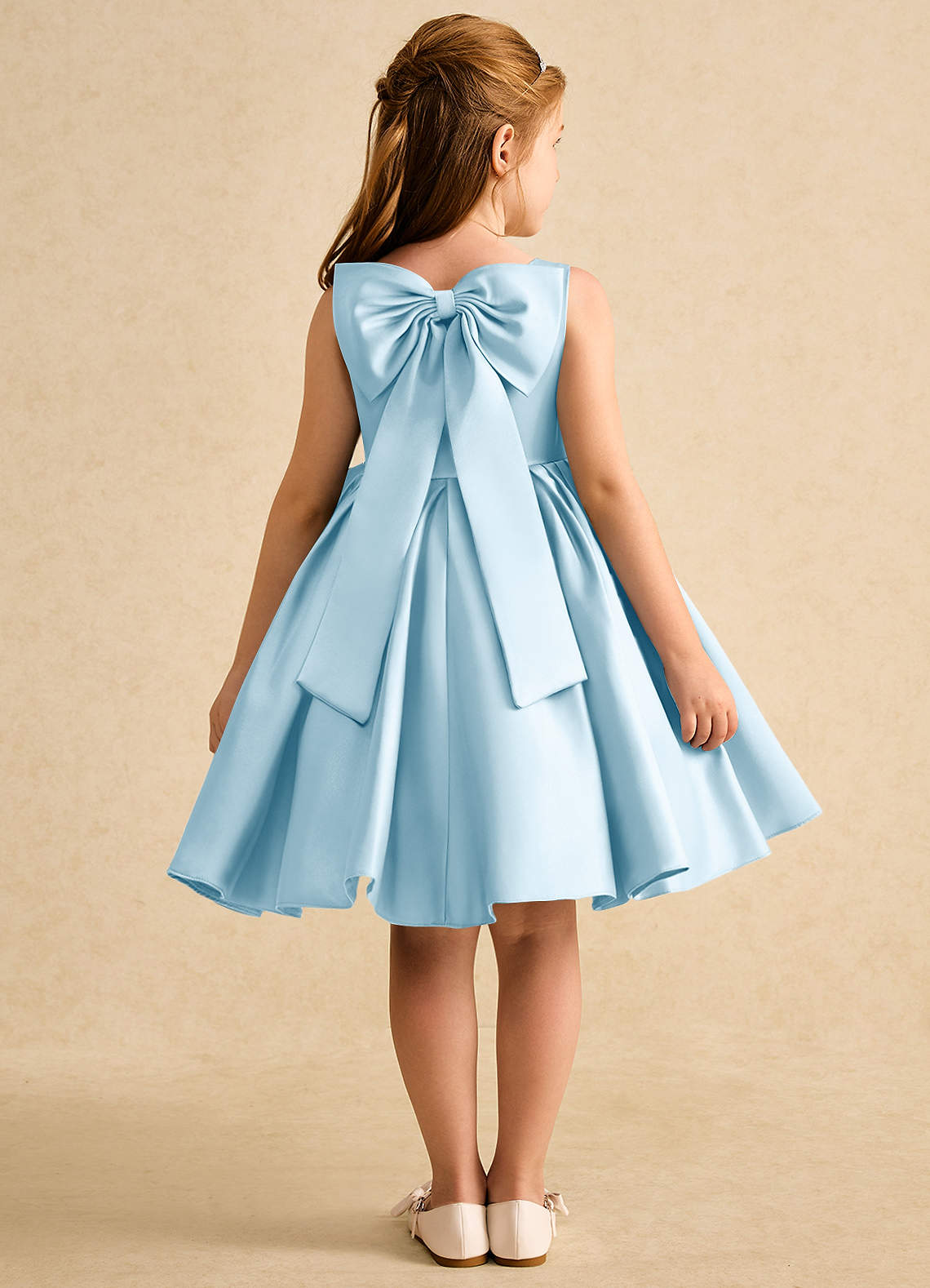 Azazie Jessie vestidos de niña de las flores Vestido de Azul Cielo de Satin Mate de Corte En A con Lazo image1