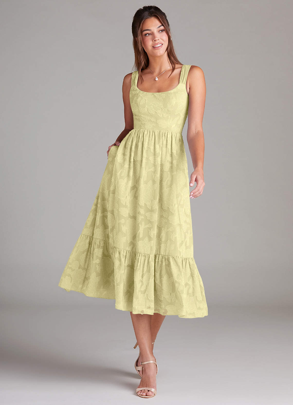 Azazie Alissa Bridesmaid Dresses Lemon Sorbet A-Line with Pockets Floral Burnout Dress image1