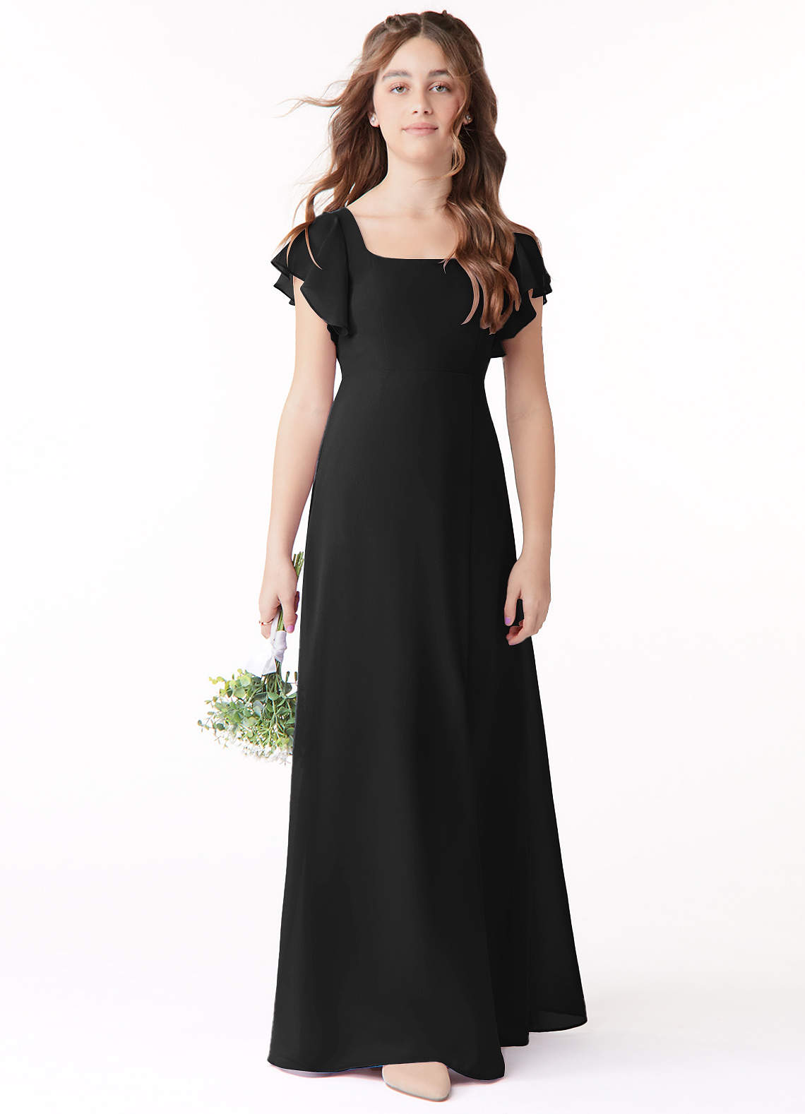 Sleeveless Pleated Chiffon Long Junior Bridesmaid Dress Black