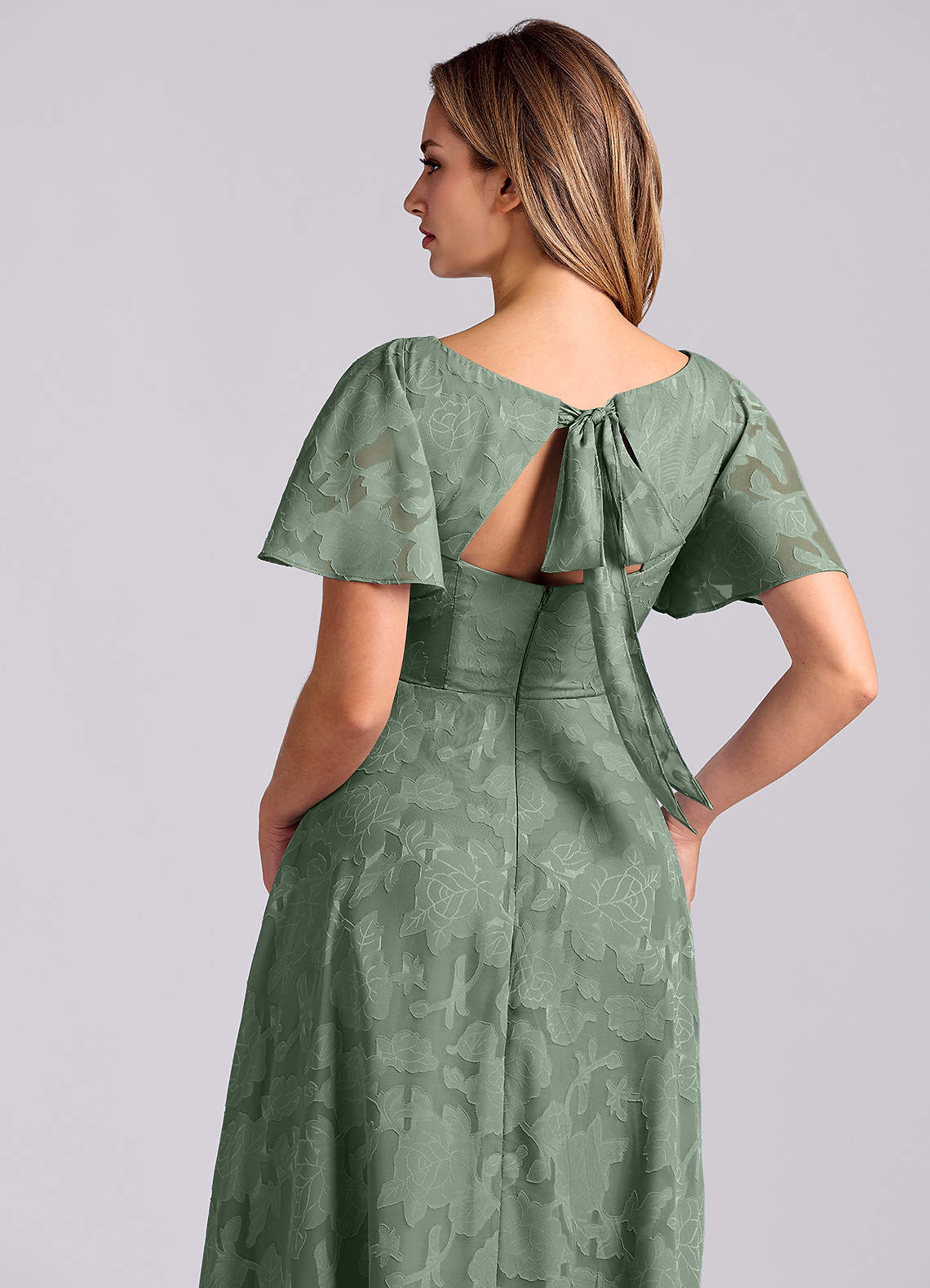 Azazie Kimber Bridesmaid Dresses Matcha A-Line with Pockets Floral Burnout Dress image1