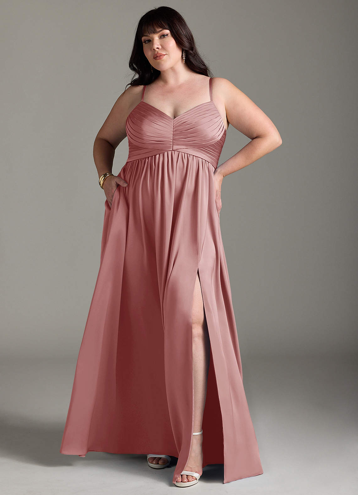 Azazie Alia Suknie dla druhen Linia A Pofałdowany Satyna elastyczna Do ziemi Sukienka image1