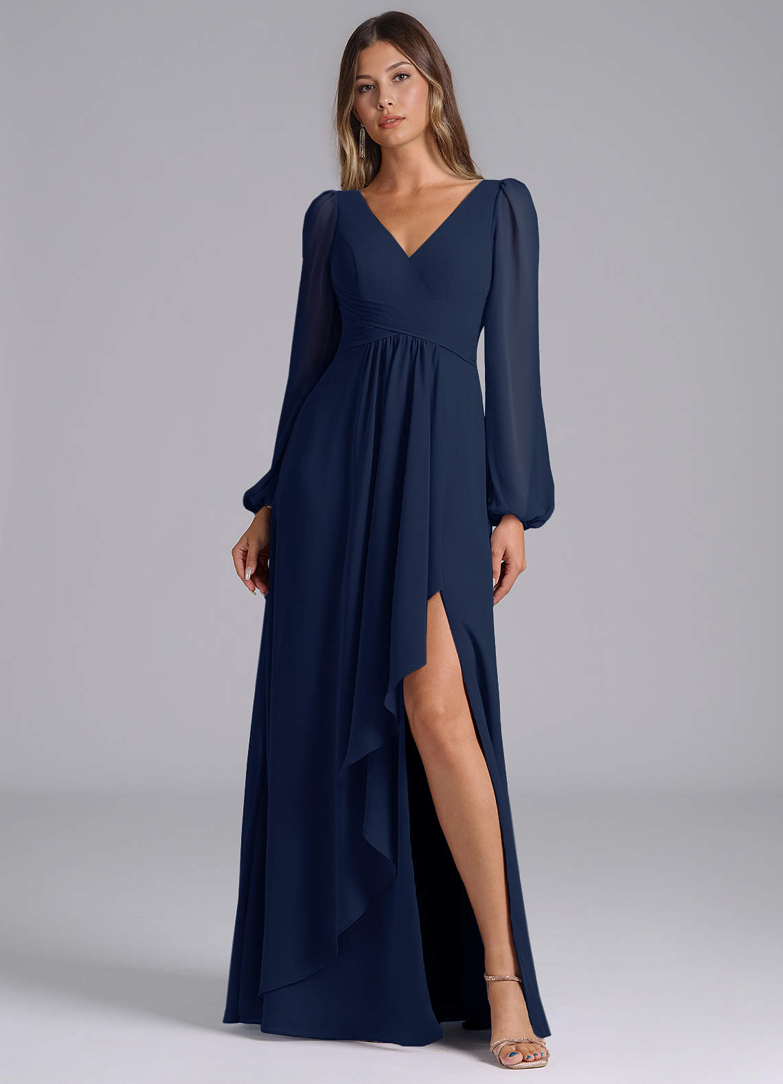Azazie Omari Brautjungfernkleider A-Linie Langarm Chiffon Kleid Dunkelmarine image1